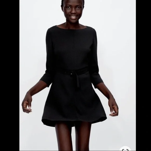 Zara Belted Black Mini Dress Long Sleeve